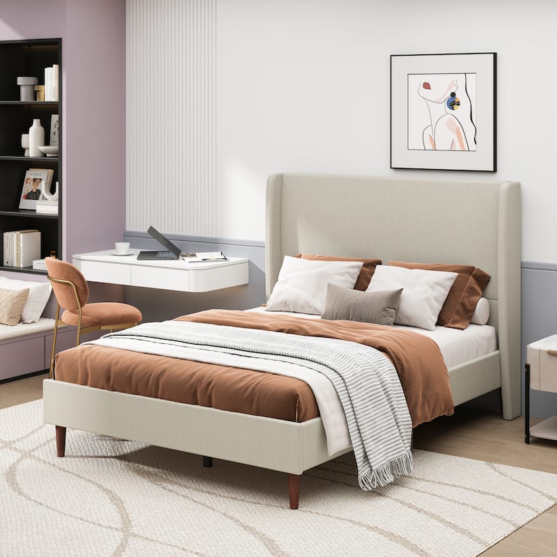 High Headboard Upholstered Bed, Queen Size Bed Frame, 12-Slat Support, Beige, Linen Cloth, No Box Spring Needed - Beige