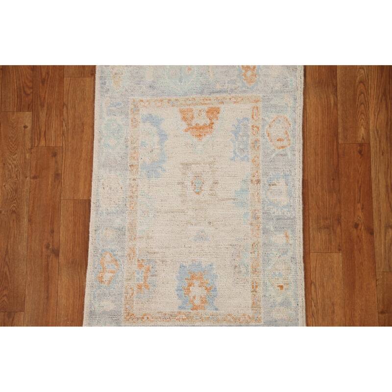 Hand Knotted Oriental 100% Wool Carpet Transitional Geometric Beige & Ivories Oushak Area Rug - 2' 11'' X 1' 10''