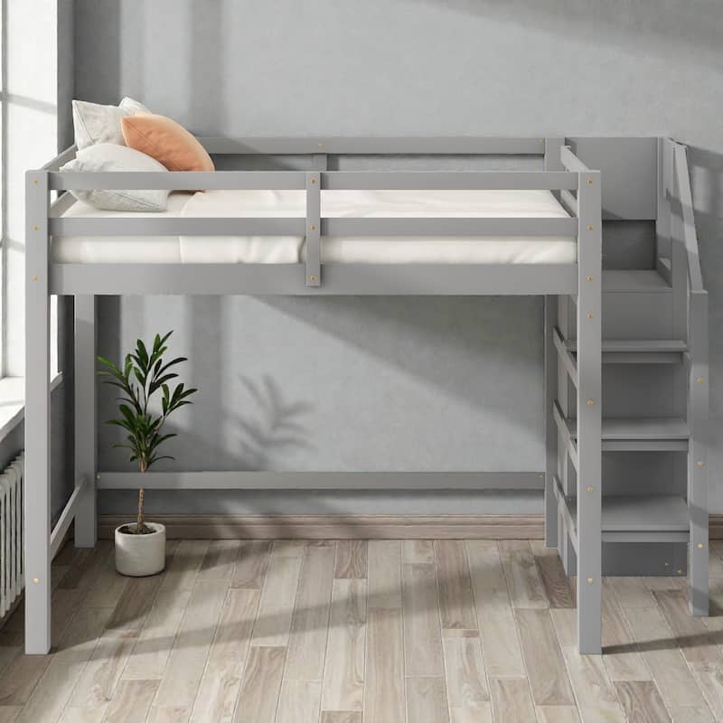 Full Size Loft Bed with Built-in Storage Wardrobe and Staircase, Solid Wood Space-Saving Loft Frame - Grey - Full