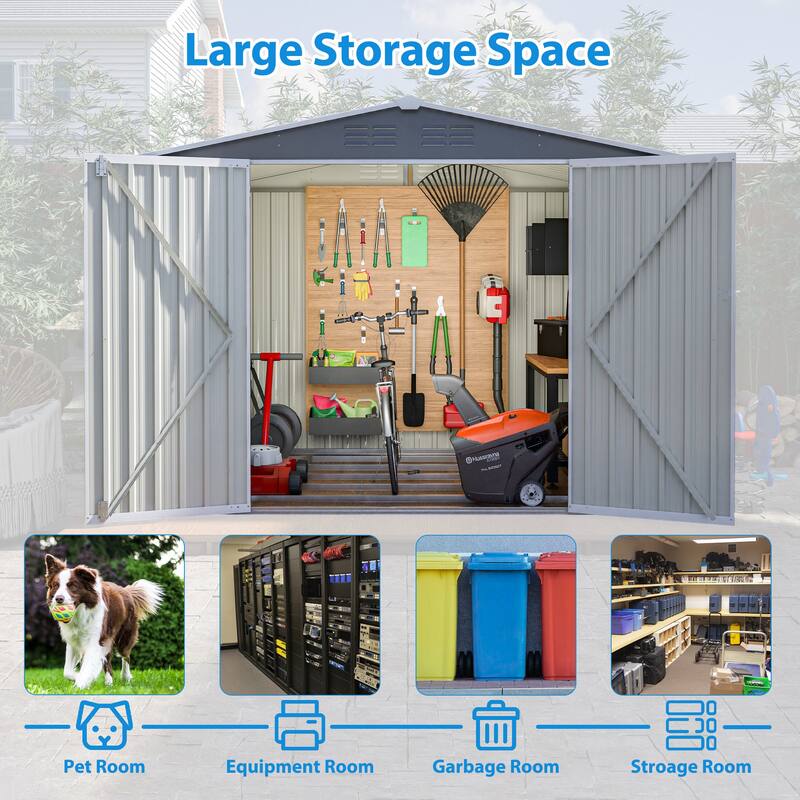 8x6 FT Waterproof Storage Sheds with Metal Foundation with Floor Frame, Tool Shed with Lockable Hinged Doors & Air Vents