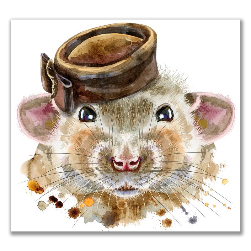 Designart "Portrait of Rat With Little Hat" Animals Canvas Wall Art Print