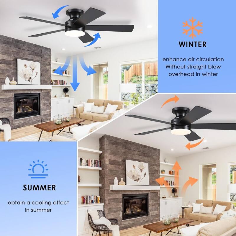 46 Inch Flush Mount Ceiling Fan with Light 5 Reversible Dual Side Blades for Bedroom,Living Room,Patio - 46 Inches