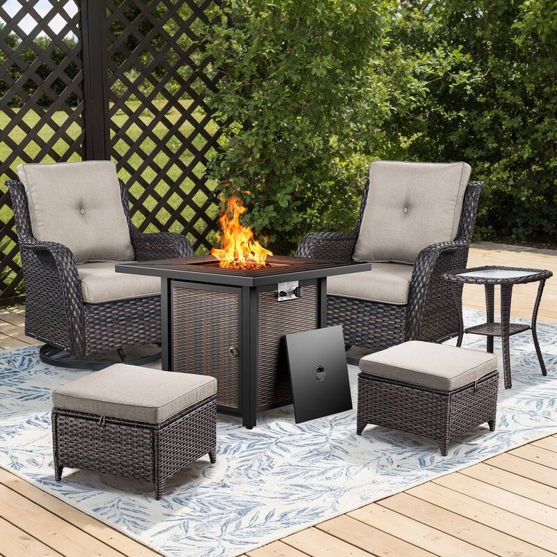 Gymojoy 6-Piece Fire Pit Set with Swivel Chairs, Ottomans & Side Table for Patio, Backyard, Deck - Brown Wicker / Beige Cusion - 6-Piece