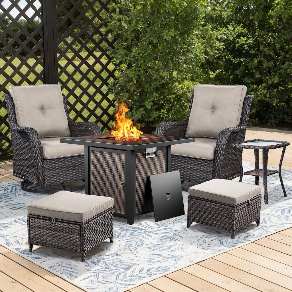 Gymojoy 6-Piece Fire Pit Set with Swivel Chairs, Ottomans & Side Table for Patio, Backyard, Deck