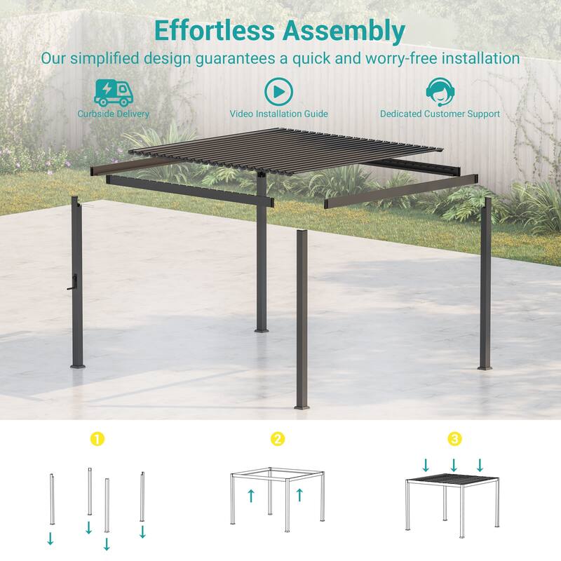 Outdoor Metal Solar LED Louvered Pergola with Adjustable Roof