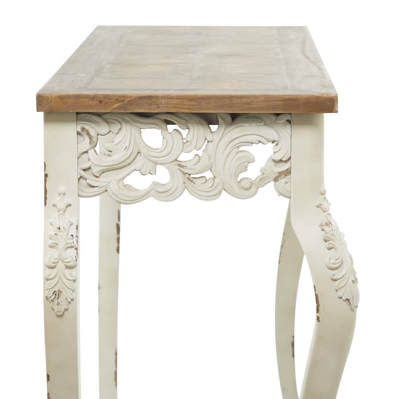 Wood Scroll Intricately Carved Console Table with Brown Wood Top - White - Roche River Decor