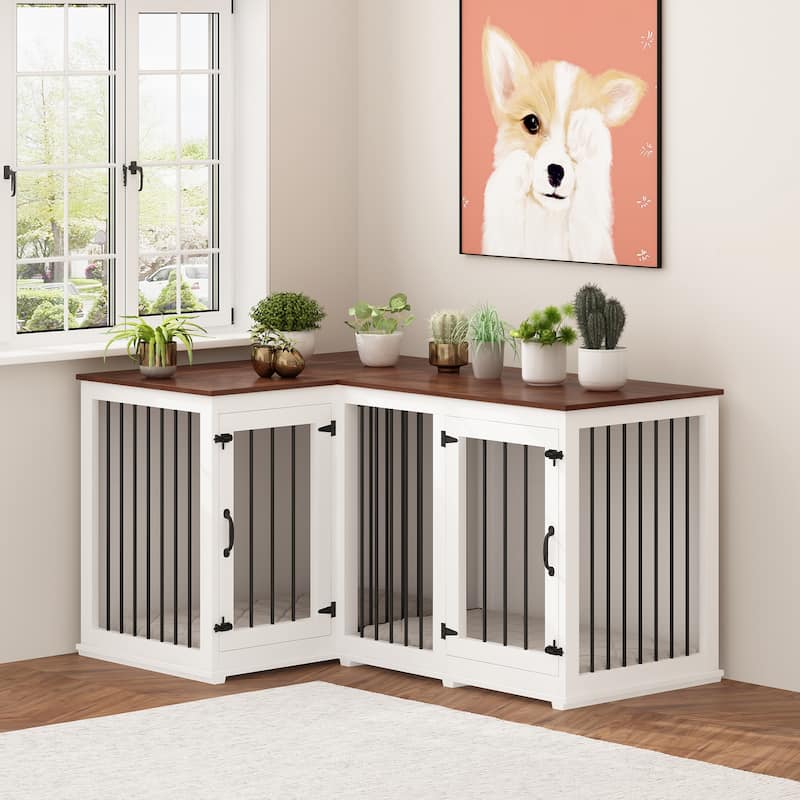 Large Corner Dog Crate Furniture for 2 Dogs, L Shape Dog Crate Cage - 58.7"X41.1"