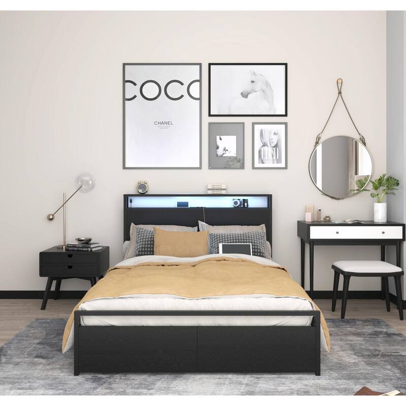 Full Size Bed Frame with Storage Headboard, 2 Drawers, LED Lights, and Charging Station - Black