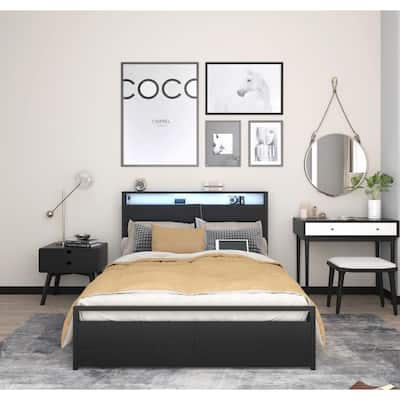 Full Size Bed Frame with Storage Headboard, 2 Drawers, LED Lights, and Charging Station