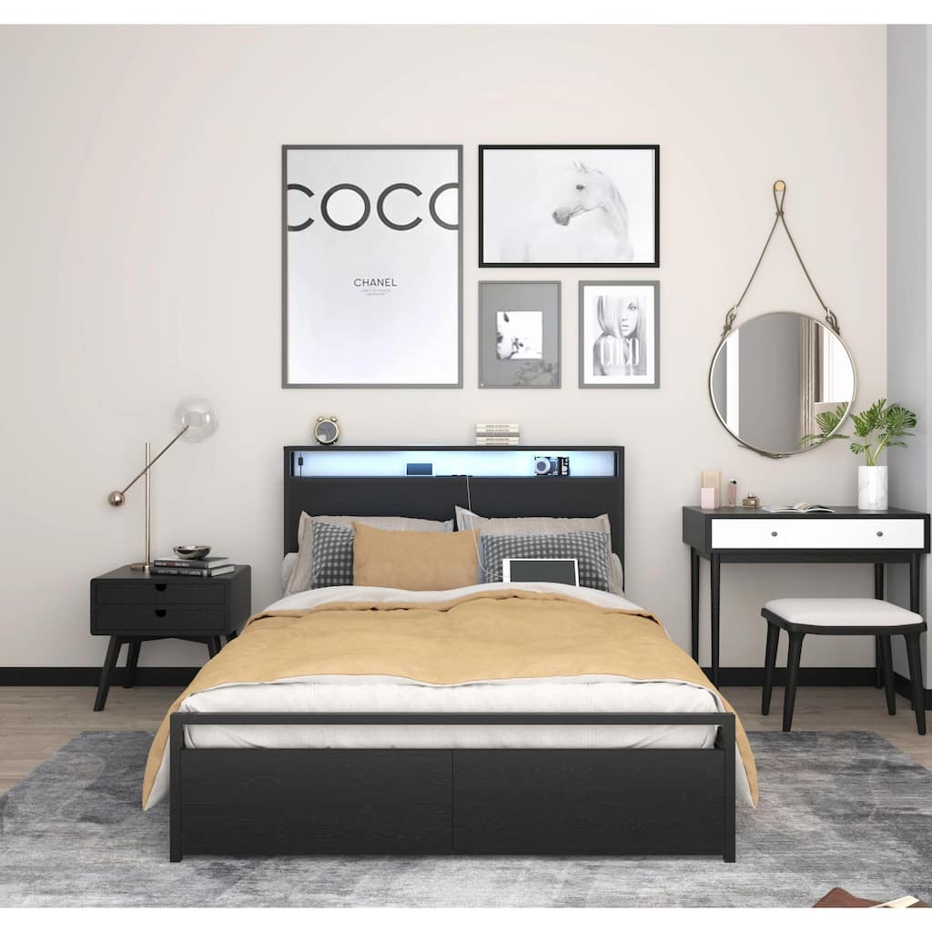 Full Size Bed Frame with Storage Headboard, 2 Drawers, LED Lights, and Charging Station