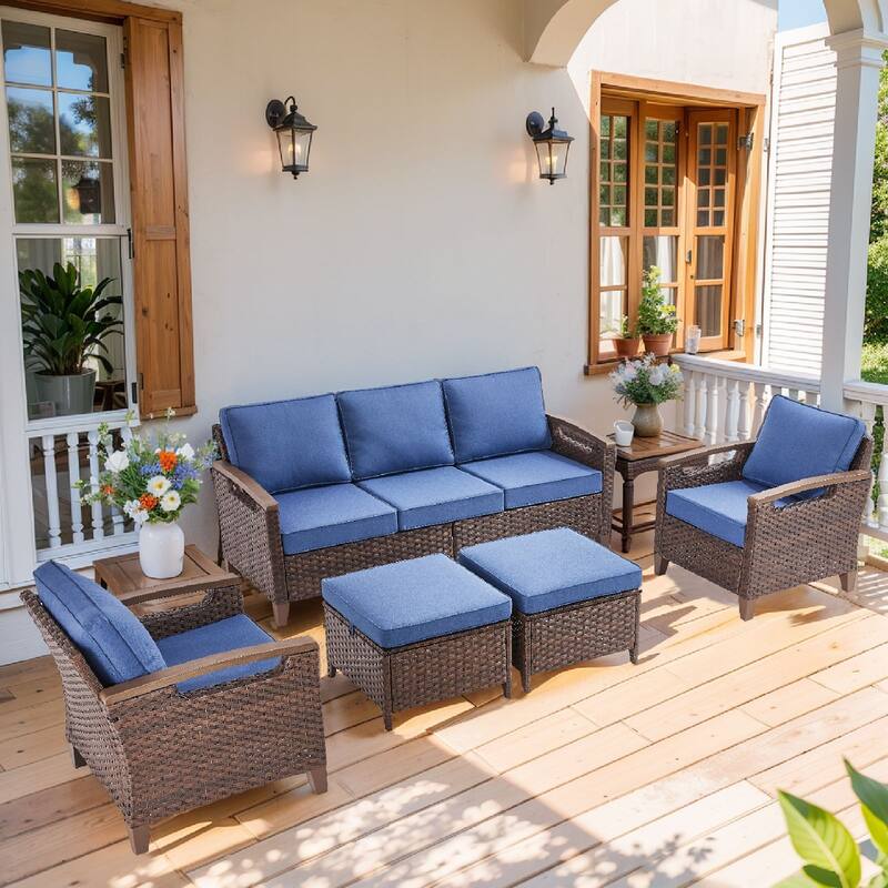 Pocassy Outdoor Brown Wicker Funitre with Cushion Set - Blue Cushion - 3-Seat Sofa with Club Chair Ottoman Set