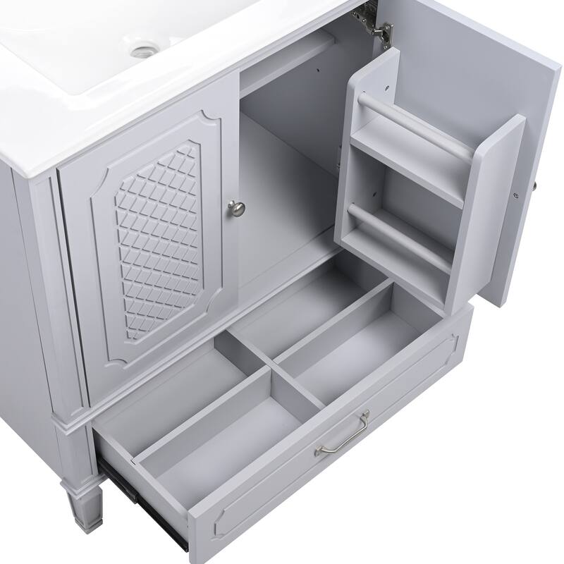 Roomfitters Bathroom Vanity with Double Sink Combo Set, Two Cabinets with Door Organizers and Two Drawers