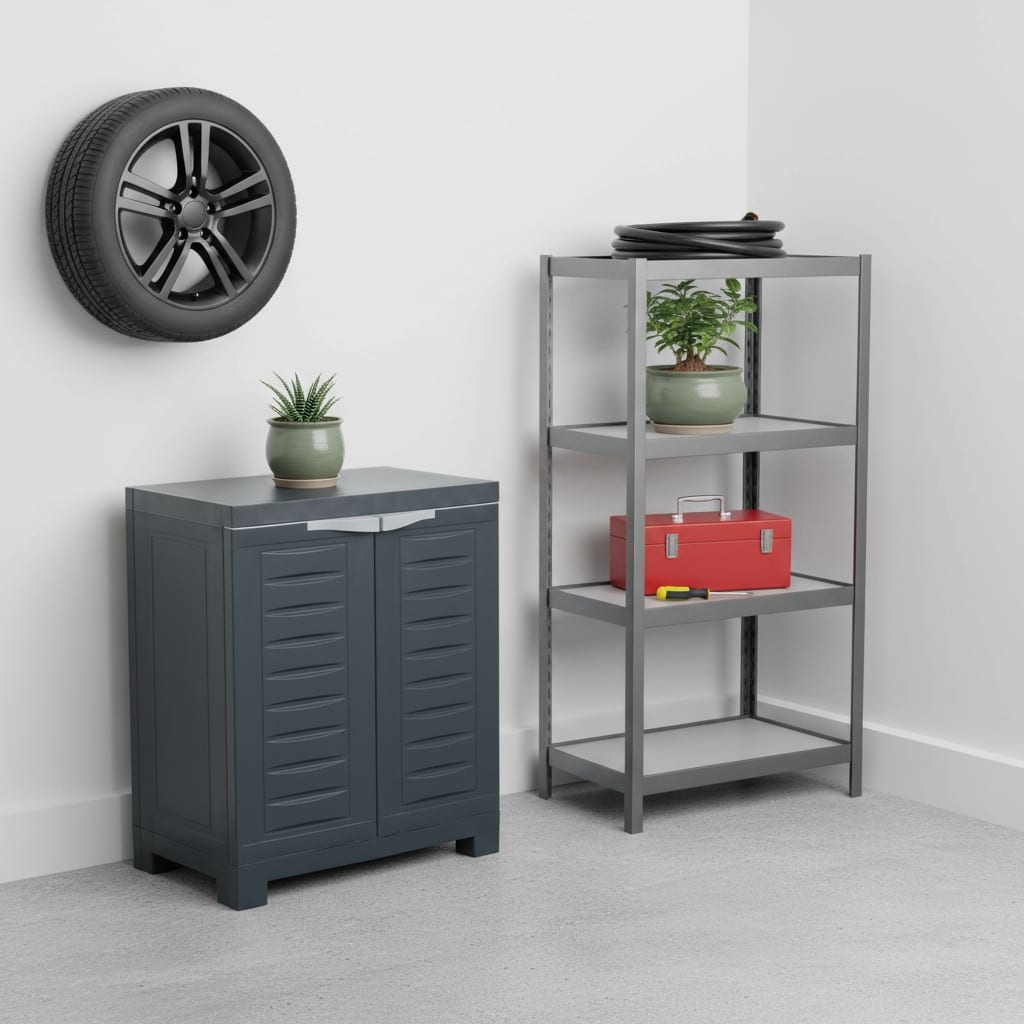 HomeRoots 26" Dark Gray Heavy Duty Plastic Two Door Utility Cabinet - 23.25 in. x 25.50 in. x 13.75 in.