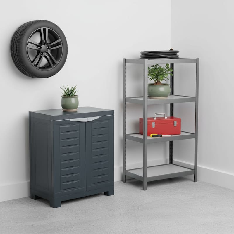 HomeRoots 26" Dark Gray Heavy Duty Plastic Two Door Utility Cabinet - 23.25 in. x 25.50 in. x 13.75 in. - Dark Gray