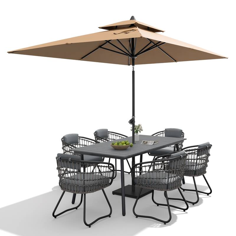 9/11-piece Outdoor Dining Set w/ Umbrella and Base Aluminum Dining Table and PE Rattan Wicker Chairs
