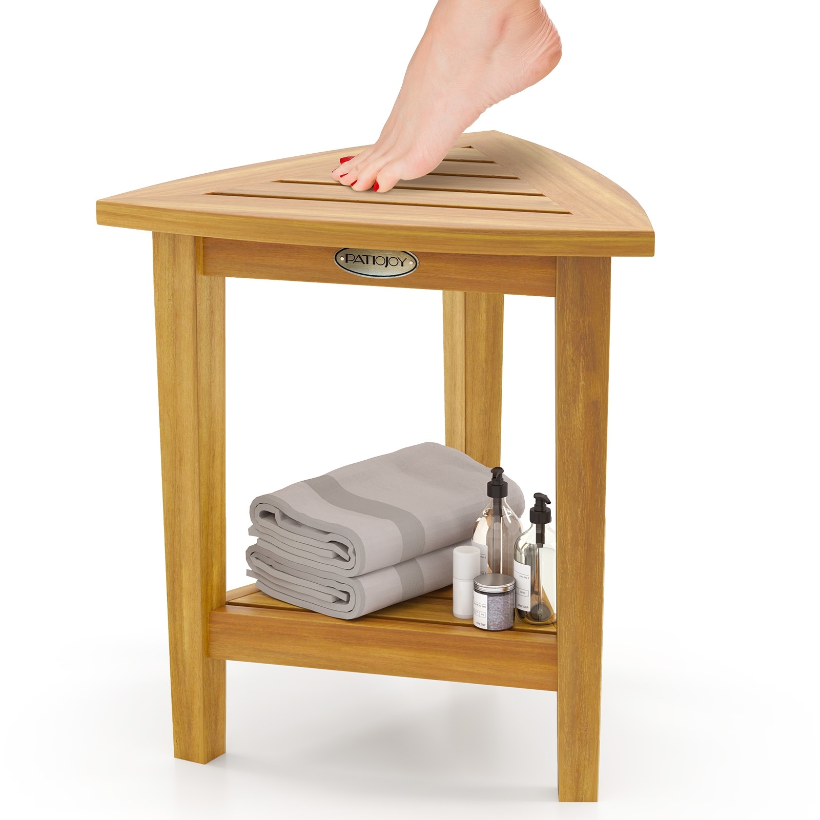 Gymax Shower Stool Teak Wood Corner Bath Stool w/ Storage Shelf Shower
