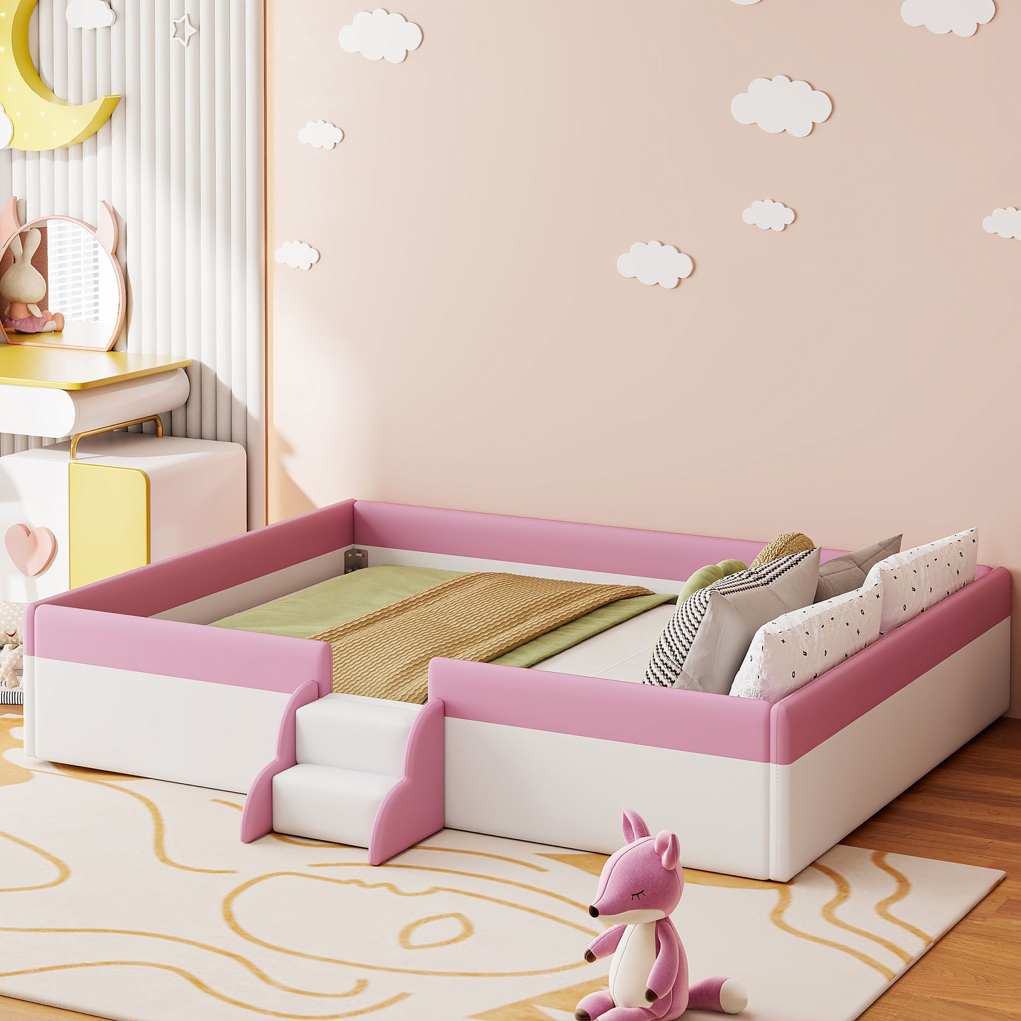 King Size Upholstered Daybed Frame with Fence and Stairs,(Pink+White)