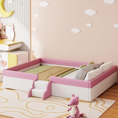 King Size Upholstered Daybed Frame with Fence and Stairs