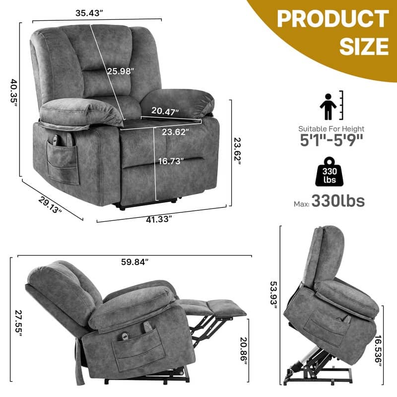 41.33''Wide Heavy Duty Power Lift Recliner - Soft Velvet with Message,Heat and Lift Assist