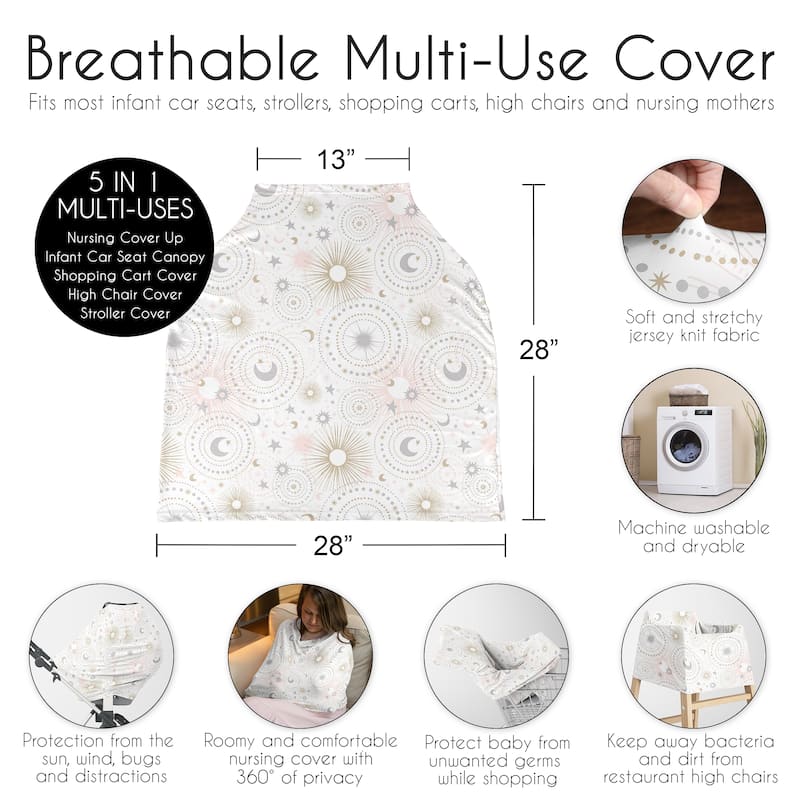 Sweet Jojo Designs Star and Moon Girl 5 in 1 Baby Car Seat Nursing Cover Pink Gold Grey Celestial Sky Stars Shabby Chic