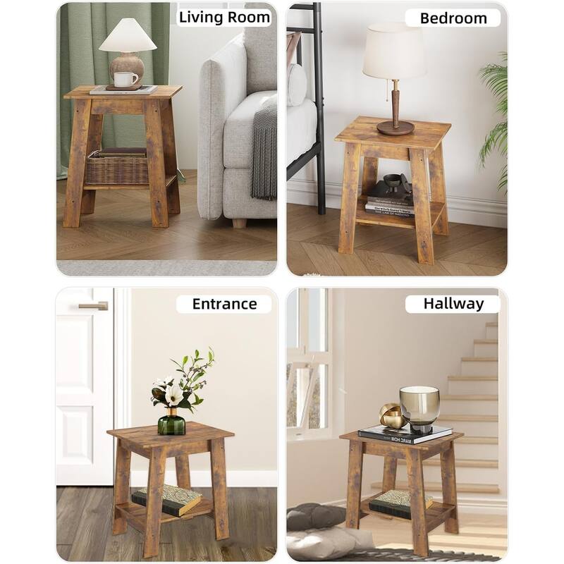 Farmhouse End Table, Narrow Side Table with 2 Tier Storage Shelf, for Bedroom, Entryway, Living room