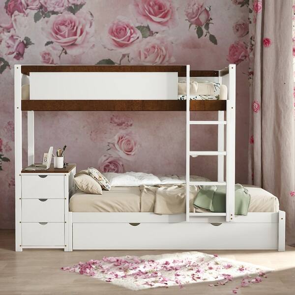 slide 2 of 49, Twin over Twin Bunk Bed With Twin size Trundle,Storage And Desk for Bedroom White+Walnut