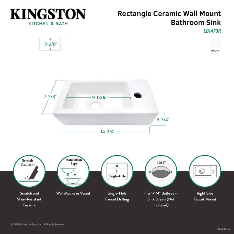 Kingston Brass Dibrach Rectangle Wall Mount Ceramic Bathroom Sink