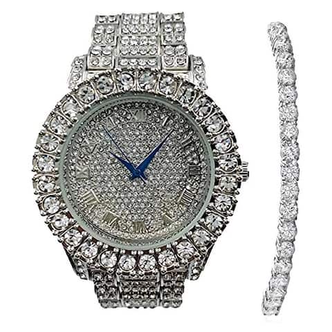 Women's Colored Dial with Roman Numerals Fully Iced Out Watch and Beautiful Tennis Bracelet Set ST10327LARNTN