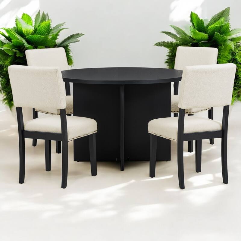 Modern 5-Piece Round Pedestal Dining Table Set with 4 Upholstered Chairs, Solid Wood Kitchen Set for Small Spaces & Apartments