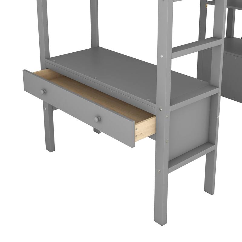 Twin Size Kids Loft Bed with Desk, Storage, Ladder & Safety Guardrail