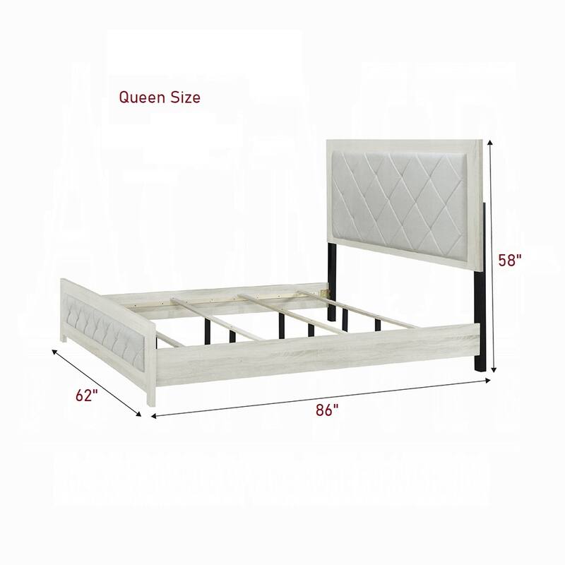 Modern Transitional Queen Size Panel Bed with Tufted Headboard, Beige Finish