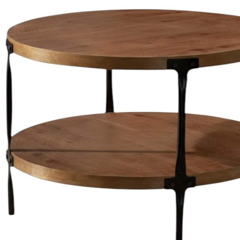 HomeRoots 31" Walnut and Black Wood and Steel Round Coffee Table With Shelf - 30.71 in. x 18.11 in. x 30.71 in.
