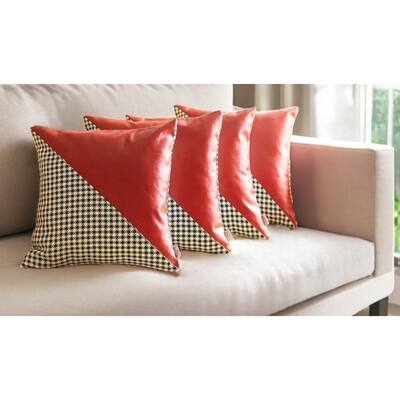Set of Four 18" Red Black and White Houndstooth Fabric and Faux Leather Throw Pillows