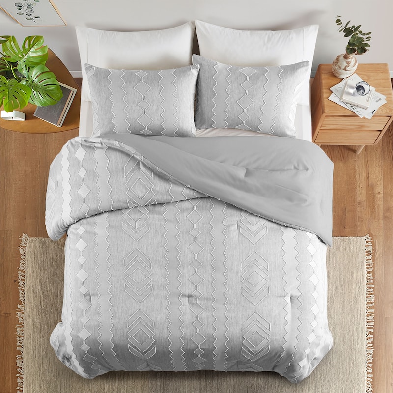 3 Piece Reversible Pintuck Pinch Pleat Bohemia and Tufted Clipped Comforter Set - Twin - Tufted Gray