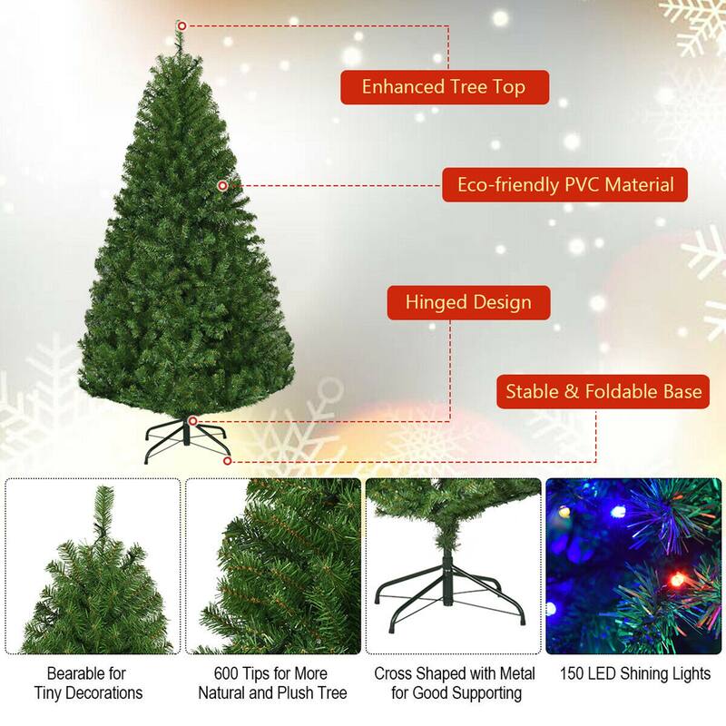 Gymax 5-9FT Pre-Lit Christmas Tree Hinged Artificial Tree w/ Metal