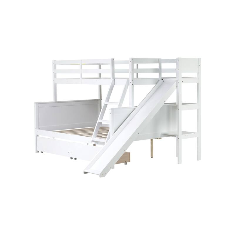 Twin over Full Bunk Bed with Built-In Slide, Storage Drawers, and Shelves for Kids, Rubber Wood Construction