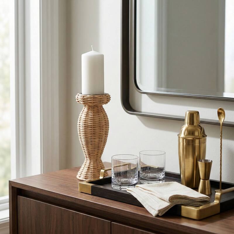 Candle Holder - Brown Metal Handwoven Raffia Pillar