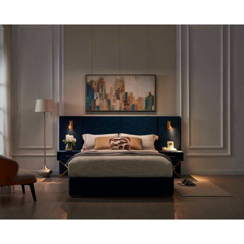 King Size Velvet Bed Frame with LED Lights and Floating Bedside Tables, No Box Spring Needed