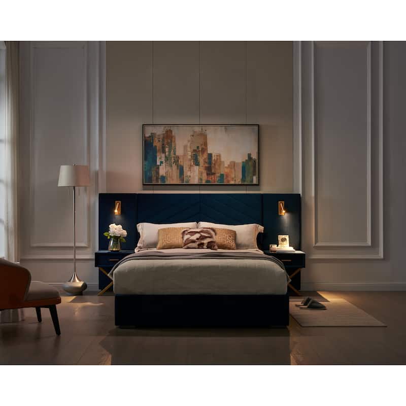 Velvet Upholstered Bed Frame, Wingback Headboard Platform Bed with LED Side Lights & Nightstands, No Box Spring Needed