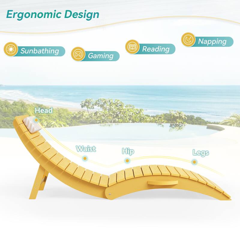 2-Piece Folding HDPS Plastic Outdoor Pool Chaise Lounges with Headrest Cushion