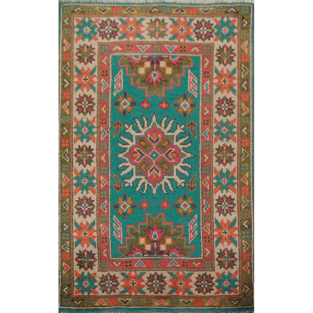 Turquoise Kazak Oriental Foyer Rug Hand-Knotted Wool Carpet - 2'0"x 3'0"
