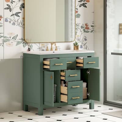 36'' Bathroon Vanity with/without Resin Sink, Freestanding Bathroom Vanity Cabinet with 4 Drawers and 2 Soft Close Doors