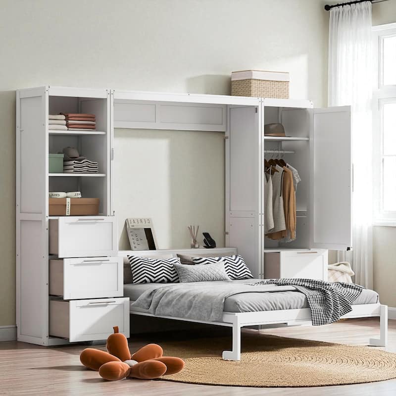 Queen Size Murphy Bed with Closet, Drawers and Shelves - Space Saving Wall Bed with Storage Cabinets