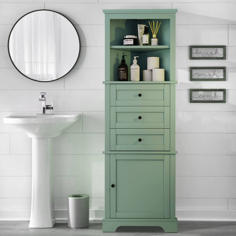 Triangle Tall Cabinet with 3 Drawers and Adjustable Shelves for Bathroom,