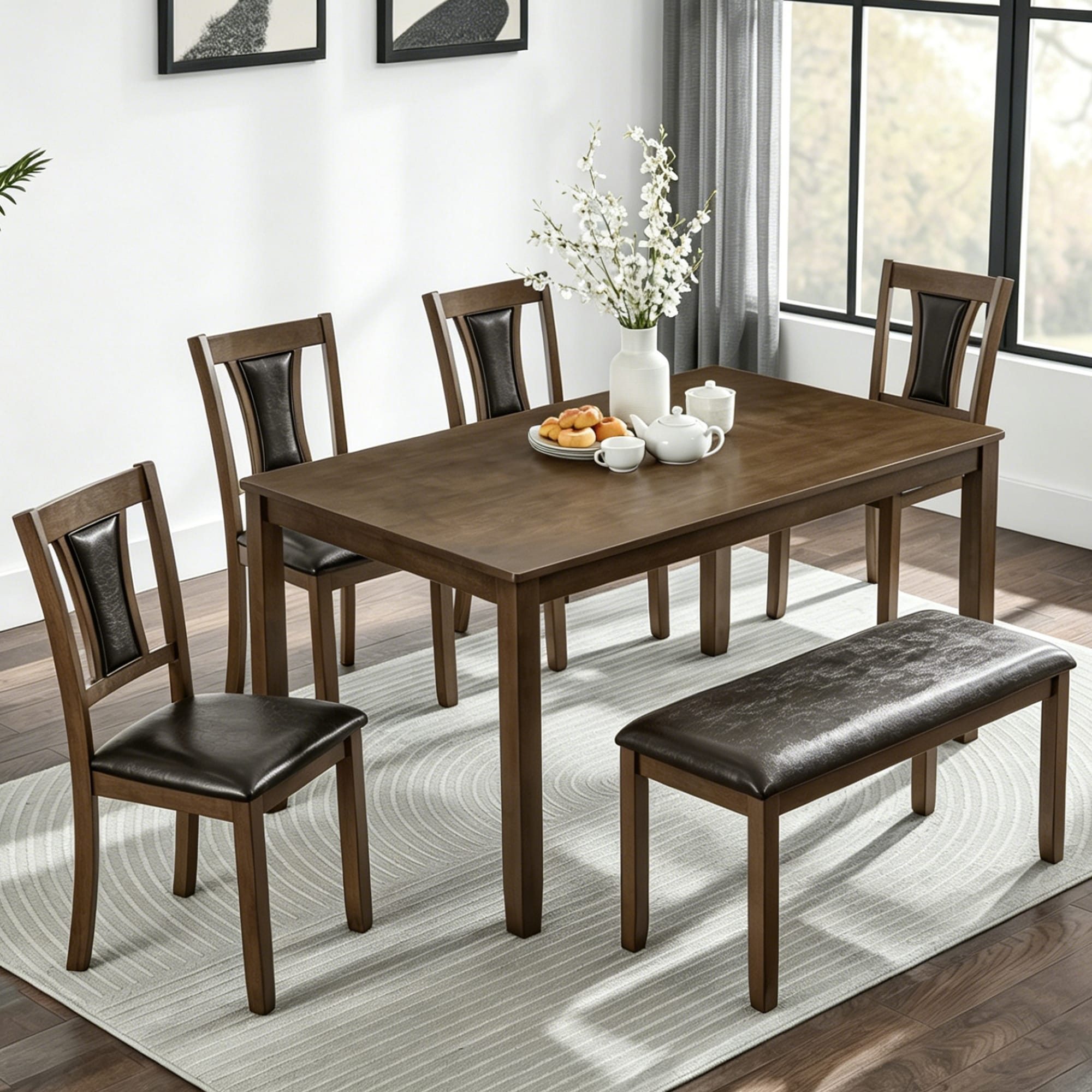 6-Piece Dining Table Set with Bench and 4 Leather Chairs