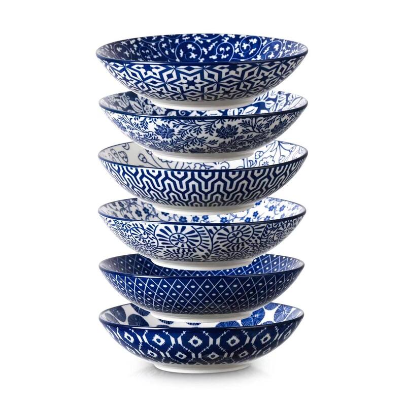 Porcelain 40oz Large Bowls 9 inch Big Pasta Salad Bowls, Microwave and Oven Safe,Set of 6 - Blue