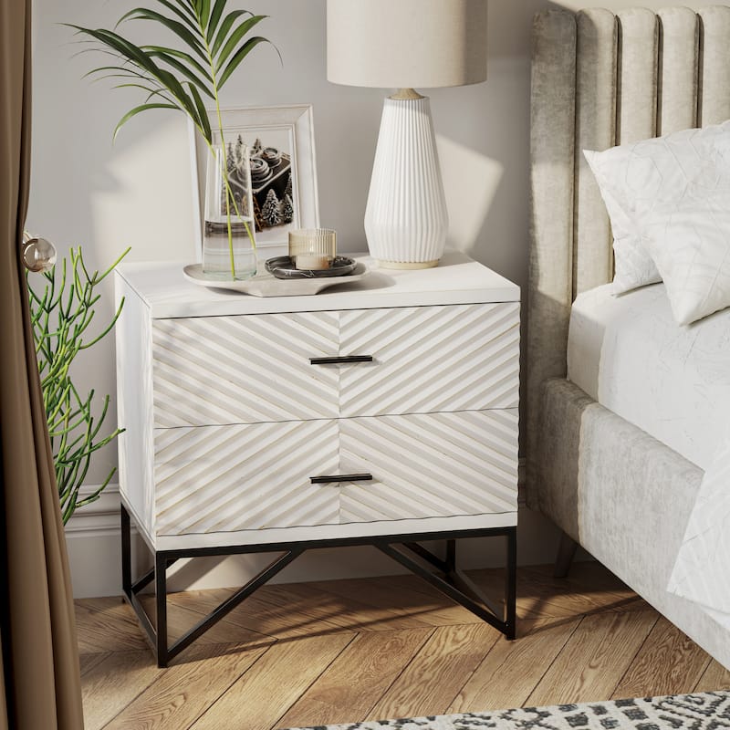 COZAYH Modern 2-Drawer Nightstand, Contemporary Line Accent End Side Table with Black Metal Base for Bedroom, Living Room