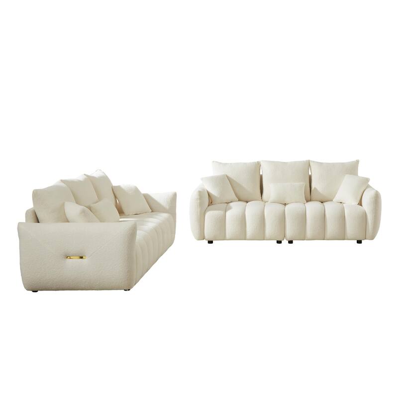 3-Seater + 3-Seater Sofa Set - Modern Teddy Fabric Couch with 6 Cushions for Gatherings
