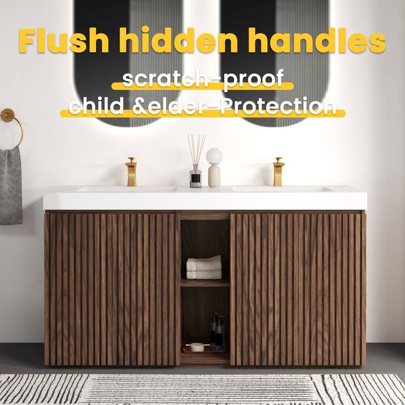GDFStudio - Galan 60" Freestanding Bathroom Vanity with Quartz Sink, Solf Close Doors, Open Storage Shelf, NO Drain & Faucet