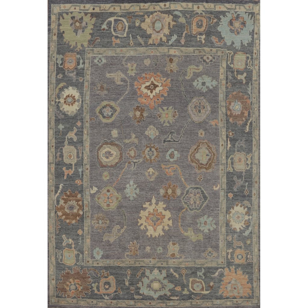 Vegetable Dye Wool Oushak Turkish Area Rug, Floral Geometric Carpet - 9' 9'' X 8' 0''